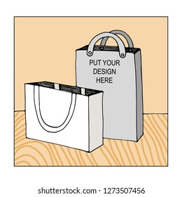 Mock up (template) vector illustration for paper bags. Colorful hand drawing template two paper bags on a table.