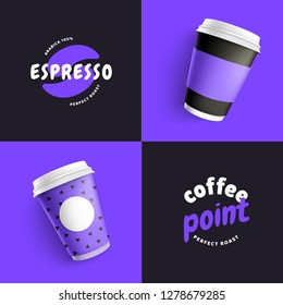 Mock up template for your brand 3D realistic coffee paper cup on purple background. Your logotype design on paper cup. Presentation for your logo branding vector illustration eps 10. Trend 2019 colors