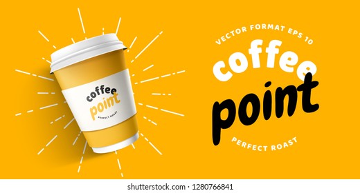 Mock up template for your brand realistic coffee paper cup on yellow background. Your logotype design on paper cup. Presentation for your logo branding vector illustration. Trend 2019 colors