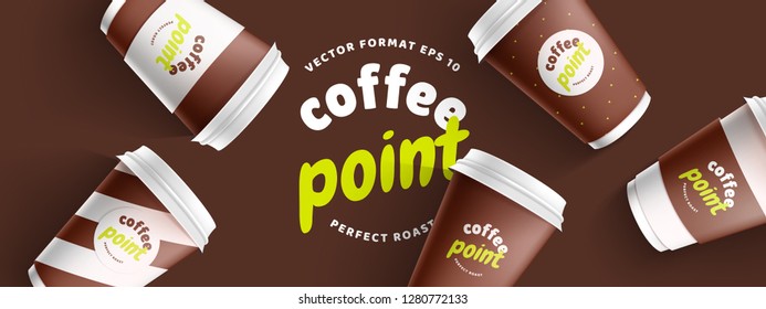 Mock up template for your brand realistic coffee paper cup on brown background. Your logotype design on paper cup. Presentation for your logo branding vector illustration. Trend 2019 colors