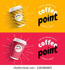 Mock up template for your brand realistic coffee paper cup on yellow and red background. Your logotype design on paper cup. Presentation for your logo branding vector illustration. Trend 2019 colors