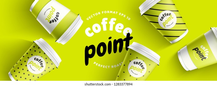 Mock up template for your brand realistic coffee paper cup on green background. Your logotype design on paper cup. Presentation for your logo branding vector illustration. Trend 2019 colors