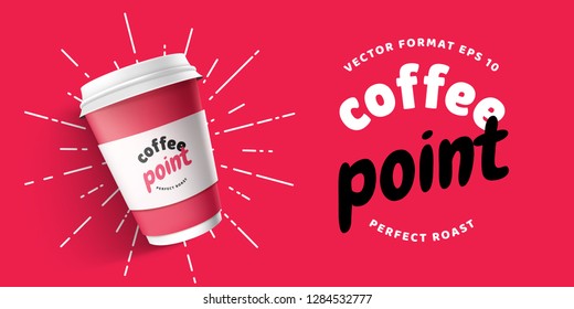 Mock up template for your brand realistic coffee paper cup on red background. Your logotype design on paper cup. Presentation for your logo branding vector illustration. Trend 2019 colors