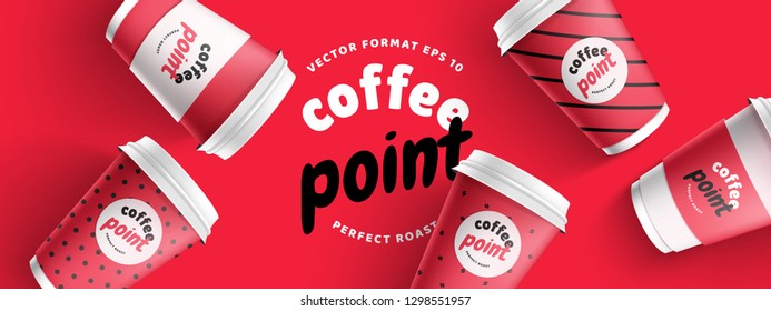 Mock up template for your brand realistic coffee paper cup on red background. Your logotype design on paper cup. Presentation for your logo branding vector illustration. Trend 2019 colors