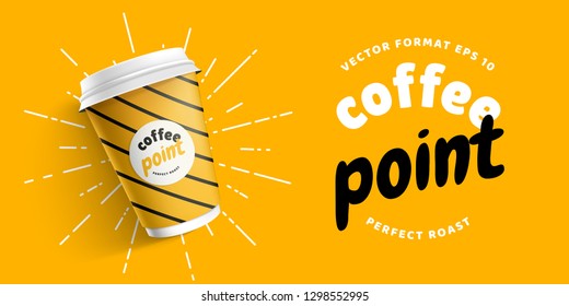 Mock up template for your brand realistic coffee paper cup on yellow background. Your logotype design on paper cup. Presentation for your logo branding vector illustration. Trend 2019 colors