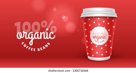 Mock up template for your brand realistic coffee paper cup on blue background. Your logotype design on paper cup. Presentation for your logo branding vector illustration. Trend 2019 colors