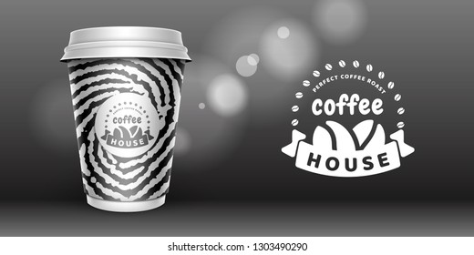 Mock up template for your brand realistic coffee paper cup on black background. Your logotype design on paper cup. Presentation for your logo branding vector illustration. Trend 2019 colors