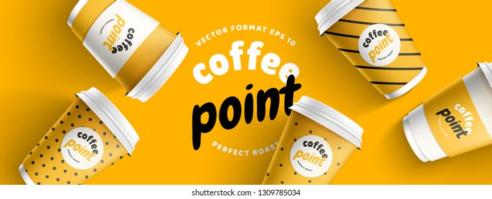 Mock up template for your brand realistic coffee paper cup on yellow background. Your logotype design on paper cup. Presentation for your logo branding vector illustration. Trend 2019 colors