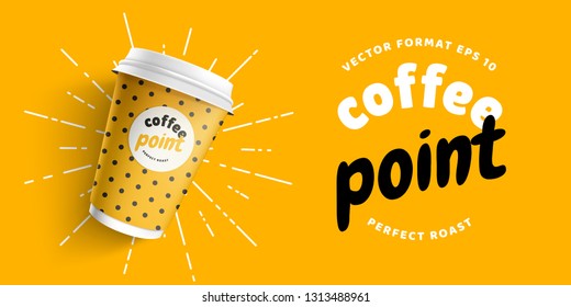 Mock up template for your brand realistic coffee paper cup on yellow background. Your logotype design on paper cup. Presentation for your logo branding vector illustration. Trend 2019 colors