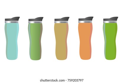 Mock up of thermos cups. Mugs of different colors for hot coffee, tea and water. Isolated vector illustration on white background.