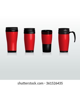 Mock up of thermos cups. Red and black cups for hot coffee, tea and water.