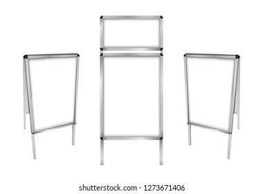Mock up of three vector empty outdoor stands for advertising. Frame sign stand board with metal frame isolated on white background. Double sided sandwich board – middle has main and top ad slots. 