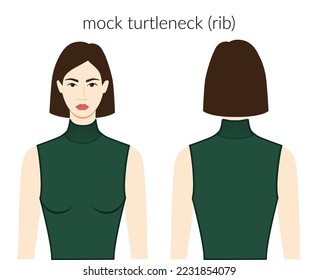 Mock turtlenecks rib neckline clothes knits, sweaters character beautiful lady in dark green top, shirt, dress technical fashion illustration with fitted body. Flat apparel template. Women, men unisex