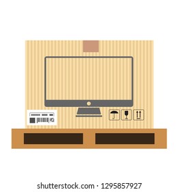 Mock up of tv set in carton box. Moving and delivery services. Vector illustration