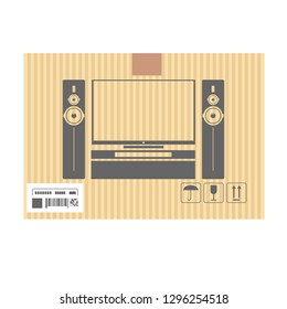 Mock up of tv set in carton box. Moving and delivery services. Vector illustration