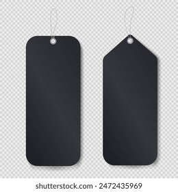 Mock up of two blank price tags with string for hanging on transparent background. Template of black discount paper labels for shopping or gift tags, cards, badges with cord. Vector cardboard stickers