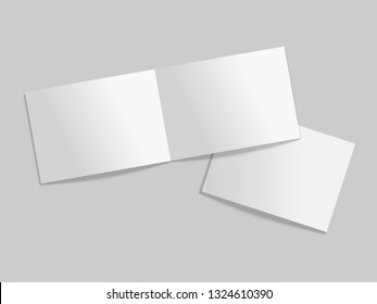 Mock up of two thin booklets with soft cover. Open and closed horizontal brochure, magazine or notebook template. Vector  illustration on white background.