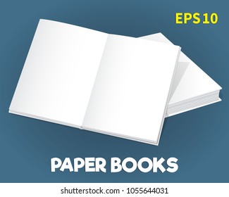 A mock two white paper books lying on the table. One on the other. The top book is open. White pages are ready to insert any text or image. Isolated on a blue background. Vector.