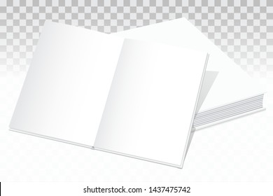 A mock two white paper books lying on the table. One on the other. The top book is open. White pages are ready to insert any text or image. Isolated on a transparent background. Vector.