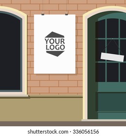 Mock up. Blank billboard in a frame on an outside wall. Shop sign
