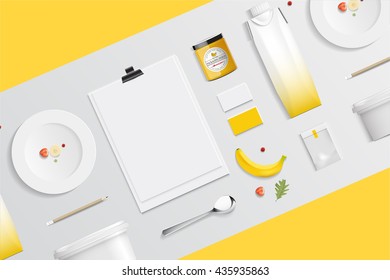mock up, set banana food and drink for your design presentation, top view, package template for juice or dairy product, vector design.