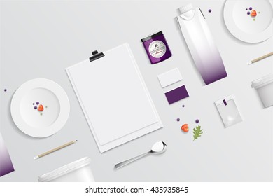 mock up, set blueberry food and drink for your design presentation, top view, package template for juice or dairy product, vector design.