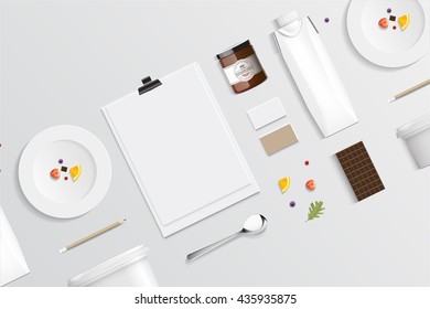 mock up, set food and drink for your design presentation, top view, package template for juice or dairy product, vector design.