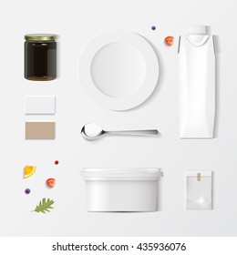 mock up, set food and drink for your design presentation, top view, package template for juice or dairy product, vector design.