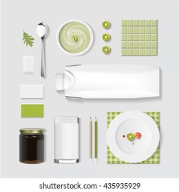 mock up, set kiwi food and drink for your design presentation, top view, package template for juice or dairy product, vector design.