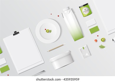 mock up, set kiwi food and drink for your design presentation, top view, package template for juice or dairy product, vector design.
