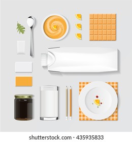 mock up, set orange food and drink for your design presentation, top view, package template for juice or dairy product, vector design.