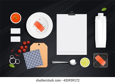 mock up, set salmon food and drink for your design presentation, top view, package template for juice or dairy product, vector design.
