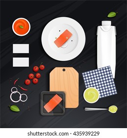 mock up, set salmon food and drink for your design presentation, top view, package template for juice or dairy product, vector design.