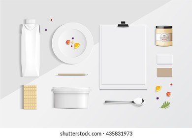 mock up, set white chocolate food and drink for your design presentation, top view, package template for juice or dairy product, vector design.