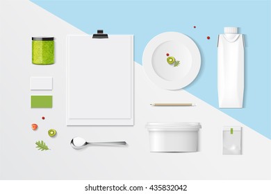 mock up, set white chocolate food and drink for your design presentation, top view, package template for juice or dairy product, vector design.