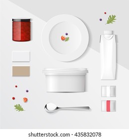 mock up, set white chocolate food and drink for your design presentation, top view, package template for juice or dairy product, vector design.