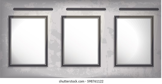 Mock up. three vertical picture with backlight. Grunge background. vector