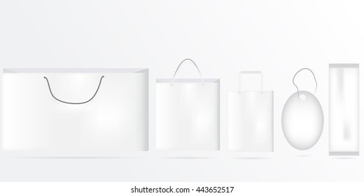 Mock up vector blank shopping bag, package and label  for branding. Set of template mockups for your presentations or design.  Front view.
