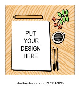 Mock up vector illustration for paper, blank, big notebook or document. Colorful hand drawing template with paper, pencil, flower, cup and two pen balls on a table.