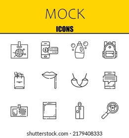 conjunto de iconos de línea vectorial de imitación. tarjeta de identificación, smartphone e iconos detergentes. Diseño delgado de línea. Elementos gráficos de contorno modernos, símbolos de trazo simple ilustración de fondo