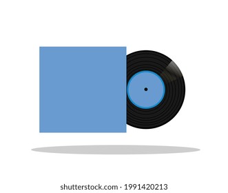 Mock up of vintage vinyl LP record with blue cover. Vector illustration on white background.