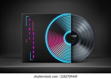 Mock Up Of Vinyl Record Cover In Retro Neon Colors. Old Music Album Template. Vintage Vinyl Disk. Vector Illustration