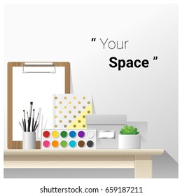 Mock up wall scene with school supplies , vector , illustration