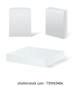 Mock up for white blank cardboard package box with different positions. Vector template.