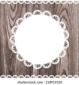 mock up with white blank empty lace frame doily and ribbons border on a rustic wooden texture. vector illustration.