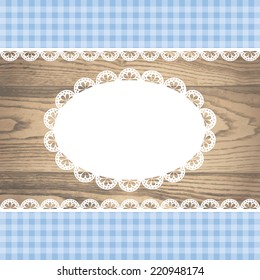 mock up with white blank empty lace frame doily and ribbons blue checkered border on a rustic wooden texture. vector illustration.