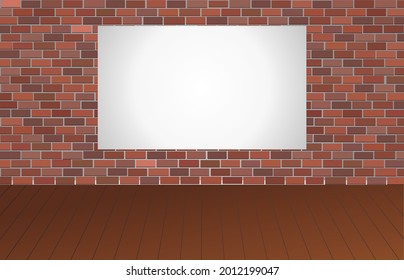 Maquina el marco de la placa blanca sobre el fondo de la textura de la pared de ladrillo y el suelo de madera en la ilustración vectorial de la habitación vacía.