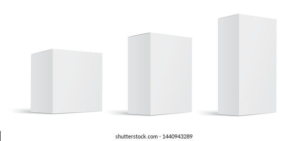Mock up white cardboard box. Set of cosmetic or medical packaging. Set of Blank white product packagings boxes isolated on white background. Vector illustration