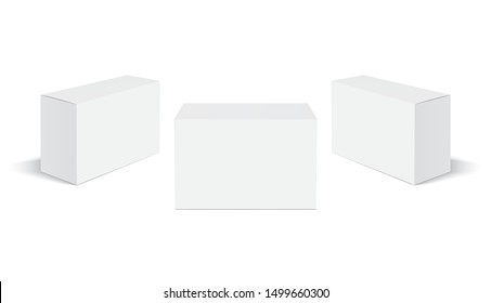 Mock up white cardboard box. Set of  cosmetic or medical packaging with shadow. Set of Blank white product packagings boxes isolated on white background. Vector illustration