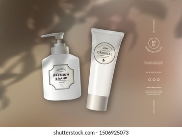 Mock Up of White Cosmetic Bottles on Beach Background with Overlay Shadows of Leaves. Vector Realistic Plastic Containers with Vintage Labels on Sand. Product Packaging Design. 